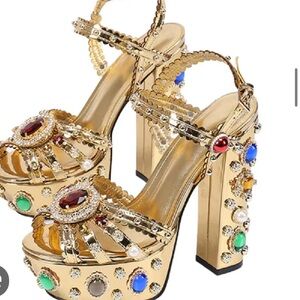 Gold Platform Sandals with Multicolor Gemstones